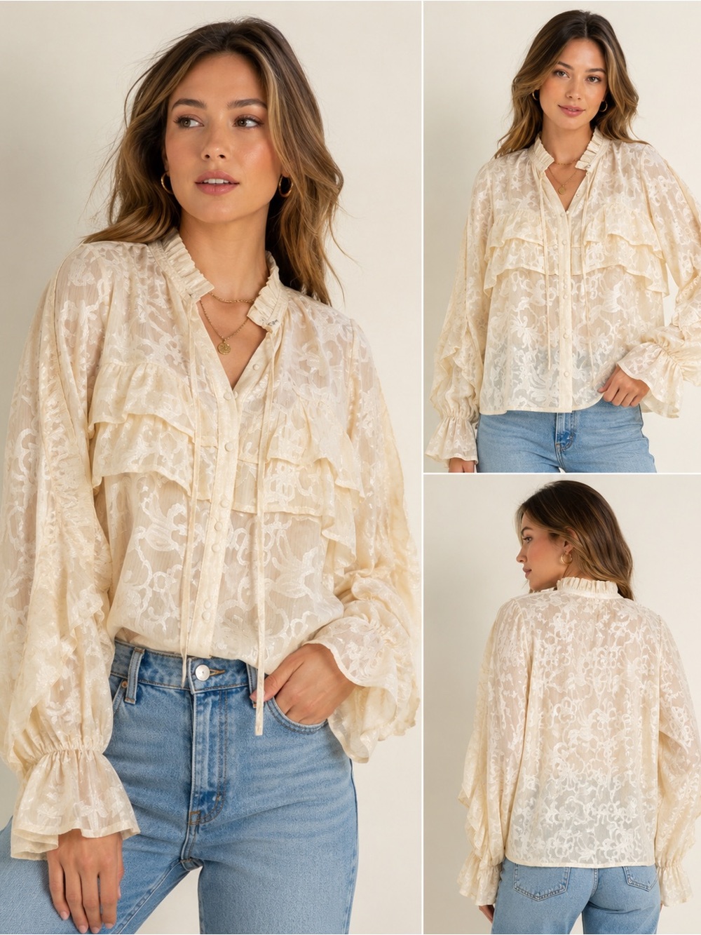 Easel Los Angeles NWT Ivory Jacquard Ruffle Blouse Boho Romantic Size L